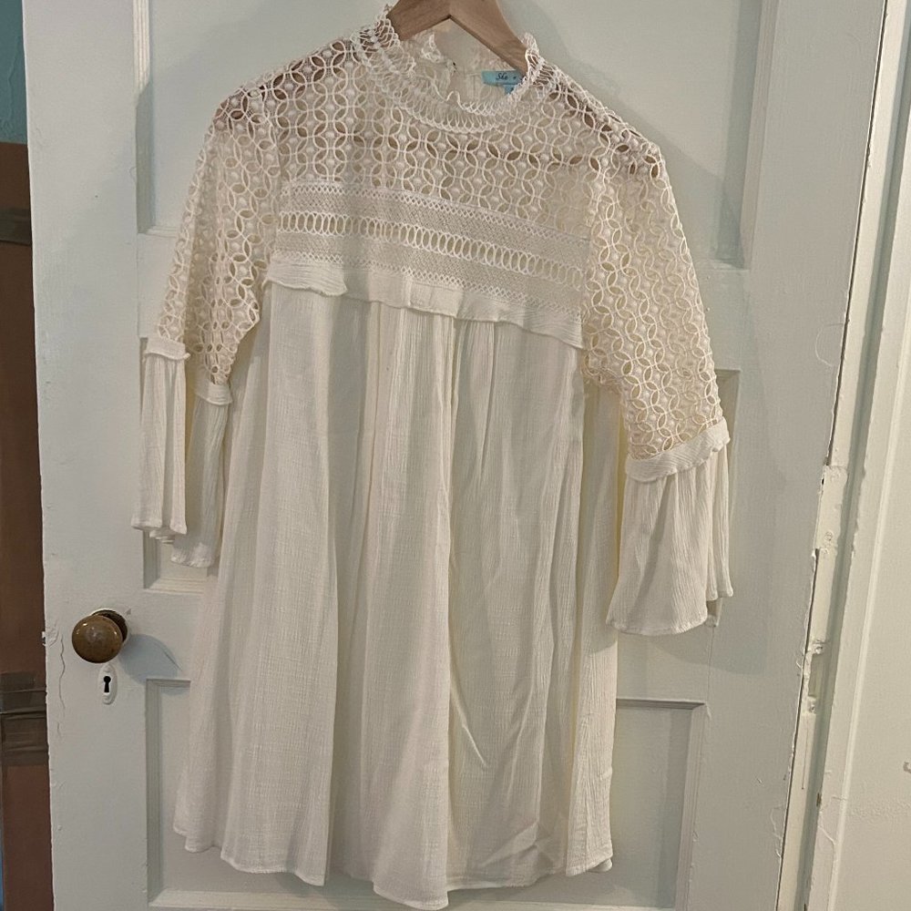She + Sky Crocheted Mini Dress with Bell Sleeves